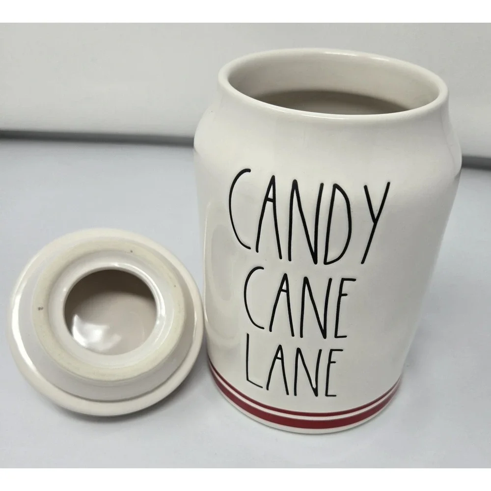 Rae Dunn Canister CANDY CANE LANE White Red Accents‎ 8.25  Tall Skinny Christmas